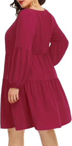 Vista 2 de Pinup Fashion Vestido tipo túnica de otoño para mujer, talla grande, manga larga, cuello en V, casual, holgado, con volantes