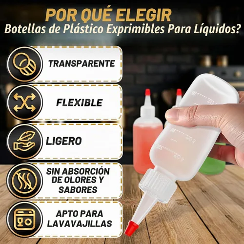 Vista 3 de 6 botellas de plástico para salsas de 4 onzas (4.1 fl oz), juego de botellas reutilizables pequeñas con punta fina cortable, para barbacoa, picnic