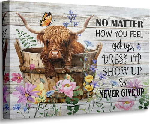 Vista 12 de Divertido arte de pared de baño de vaca de las tierras altas, rústico, color marrón, lindo animal, pintura, imagen, decoración de pared, ganado