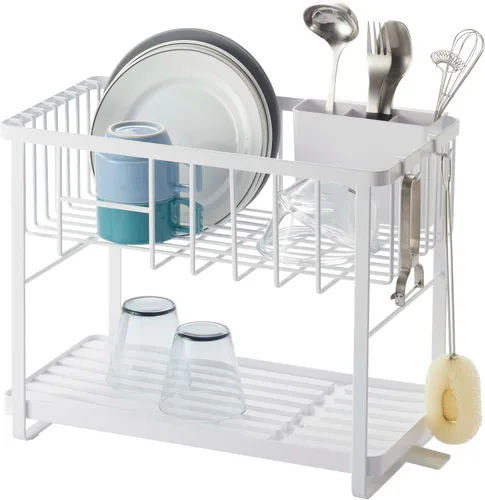 Vista 10 de YAMAZAKI Home Tower - Escurridor de platos ajustable de dos niveles, estante de secado compacto con ganchos, soporte para utensilios, acero