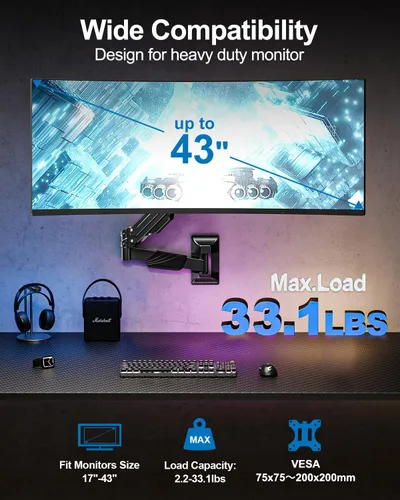 Vista 2 de Soporte de pared para monitor para máximo 43 pulgadas, soporte de monitor de pared individual premium con capacidad para hasta 33.1 libras, pantalla