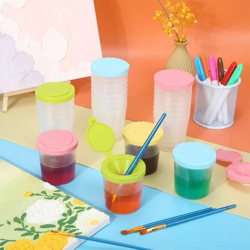 Vista 3 de Zonon 50 vasos de pintura de 6 onzas antiderrames con tapas abiertas, suministros de arte para el regreso a la escuela, aula, estudio de artista