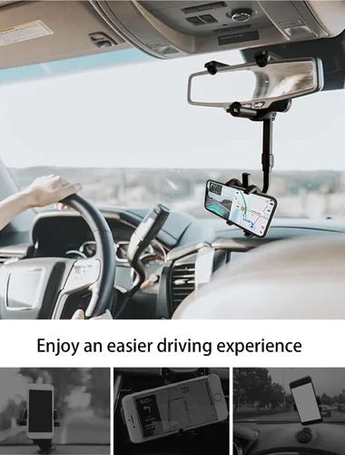 Vista 5 de Soporte giratorio y retráctil de 360° para teléfono de automóvil, soporte ajustable multifuncional, soporte universal para teléfono con espejo