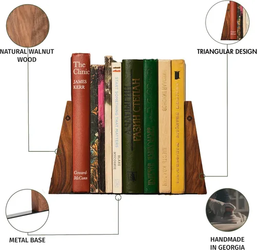 Vista 3 de Soportes de Nogal para Estantes Soportes de Madera para Estantes Soportes de Libros Robustos, con Base Metálica para Librerías Elegantes