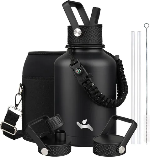 Vista 108 de Konokyo - Botella de agua aislada de 18 onzas, botellas deportivas de acero inoxidable con 3 tapas, verde militar