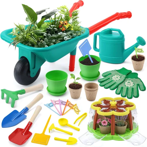 Vista 10 de CUTE STONE - Juego de herramientas de jardinería para niños, juguetes de jardín con carretilla, regadera, guantes de jardinería, rastrillo manual