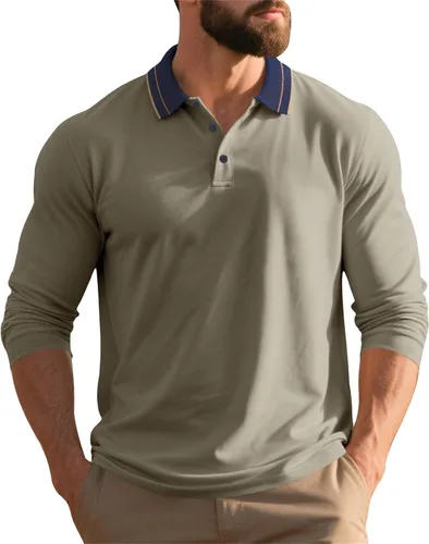 Vista 11 de Polo de manga larga para hombre, suéter clásico con botones, cuello en contraste, sudadera casual