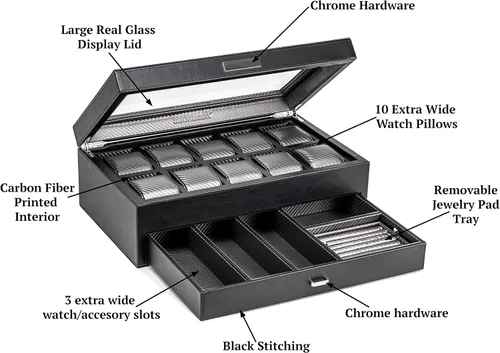 Vista 7 de HOUNDSBAY Yachtsman - Organizador de cajas de relojes, organizador de joyas de lujo con cajón, bandeja para anillos y tapa de cristal, gran estuche