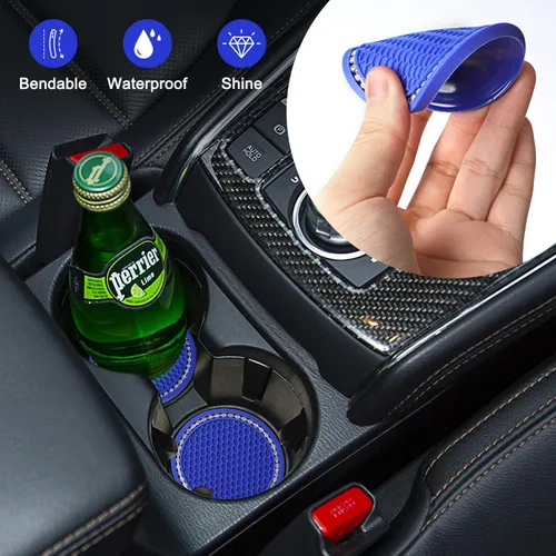 Vista 4 de OUZORP Paquete de 2 posavasos azules para automóvil con botón de arranque y anillo brillante, 1 paquete Posavasos antideslizantes para portavasos