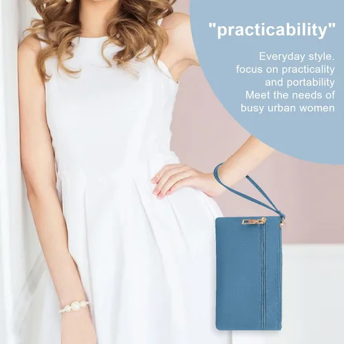 Vista 5 de TIESOME Bolso de mano para mujer, de cuero con doble cremallera, cartera de mano para teléfono, gran capacidad
