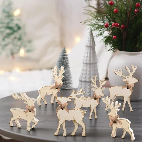 Vista 5 de Tieshankao 6 centros de mesa de madera de reno de Navidad para el hogar, bandeja escalonada de madera de ciervo de invierno para decoración de mesa