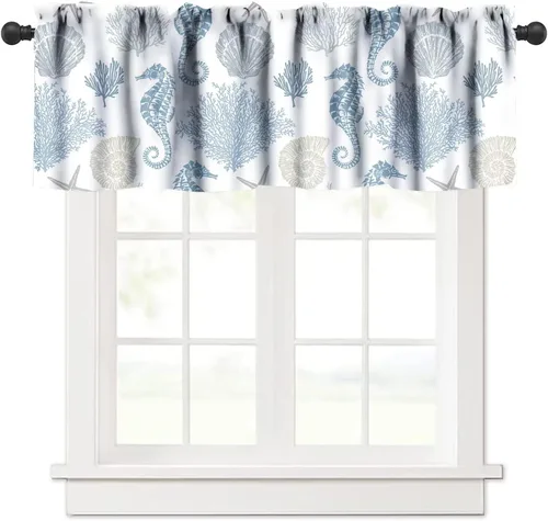 Vista 7 de JESTRONRY Cenefa de estrellas de mar con diseño de conchas marinas, cenefas de cortina con temática de playa oceánica para dormitorio, sala