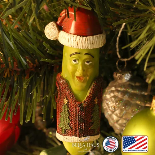Vista 3 de Jolly Pickle - Adorno festivo para árbol de Navidad, figura de resina de 4 pulgadas, decoración navideña, regalo divertido ideal para intercambio