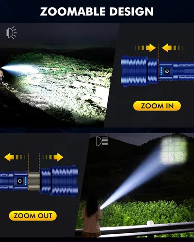 Vista 4 de Linterna súper brillante de 5000.000 lúmenes de alta luminosidad, linternas LED recargables alimentadas por batería, linterna táctica impermeable