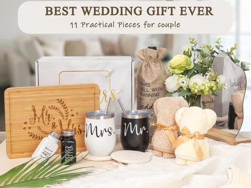 Vista 2 de Regalos de boda para pareja (juego de 11 piezas), cestas de compromiso geniales para recién casados, caja única de señor y señora para novia
