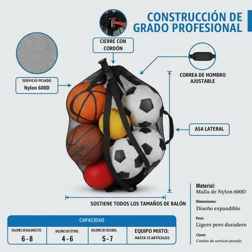 Vista 2 de Large Mesh Ball Bag for Basketball Soccer Storage Heavy Duty, Holds 6-8 Basketballs, Side Handle, Drawstring Closure