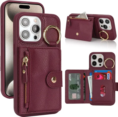 Vista 29 de Funda para iPhone 14 Plus con tarjetero, color negro Funda con cremallera y ranura para mujer y hombre
