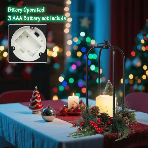 Vista 8 de Farol de Metal Navideño de 15" Faroles de Decoración Navideña para Exteriores con Vela LED Sin Llama Soporte Colgante, Farol Colgante Decorativo