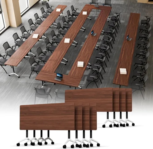 Vista 11 de Mesa de conferencias plegable, mesa modular moderna para sala de conferencias con ruedas para 8-16 personas, mesas de entrenamiento plegables