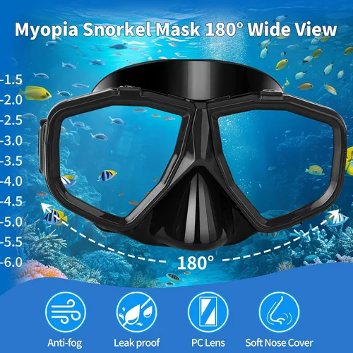 Vista 4 de Equipo de esnórquel miope reemplazable para adultos y jóvenes, máscara de buceo antivaho miope y esnórquel de silicona con parte superior seca