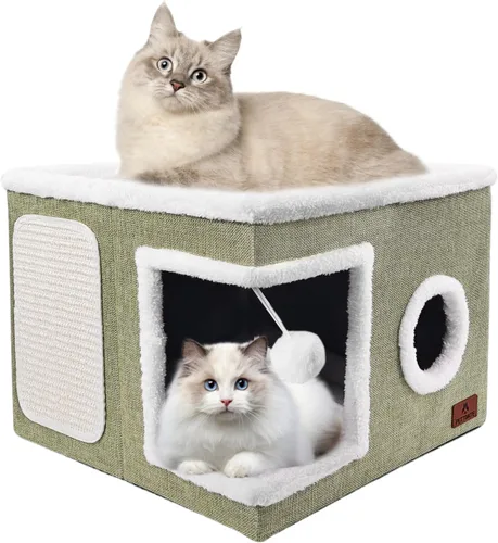 Vista 12 de Casa de Gato de 2 Pisos para Gatos de Interior, Cama de Cueva de Gato de Dos Propósitos con Almohadilla para Arañar y Bola Esponjosa, Escondite