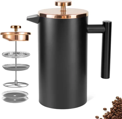 Vista 15 de Prensa Francesa Pequeña 350ml Negra, Prensa Francesa de Acero Inoxidable con Pared Doble Aislada para Viaje y Camping, Cafetera de Café Colado