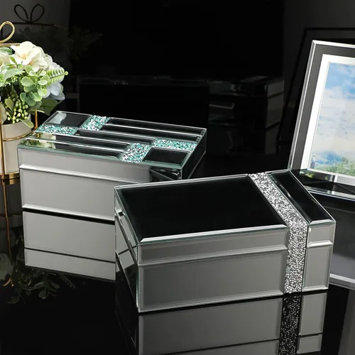 Vista 8 de ELLDOO Joyero de cristal con espejo con decoración de tiras de diamantes triturados, caja organizadora de lujo para baratijas, caja decorativa, caja
