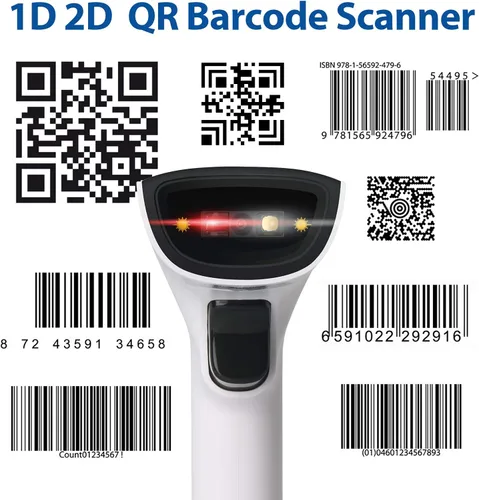 Vista 2 de Sumicor Escáner de código de barras 2D, escáner de código de barras de mano blanco negro 3 en 1 USB con cable y 2.4G inalámbrico y Bluetooth QR Code