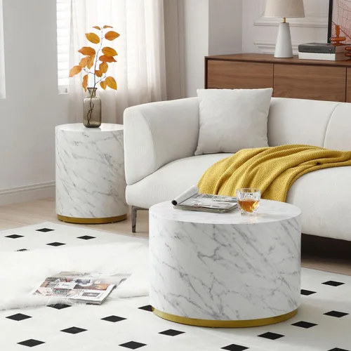 Vista 3 de WILLIAMSPACE Mesa auxiliar de madera con borde dorado y textura de mármol, mesa auxiliar redonda para espacios pequeños, mesa de sofá para sala