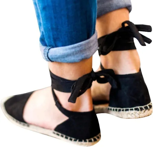 Vista 6 de Aniywn Alpargatas de punta cerrada para mujer sandalias de tacón de cuña baja con cordones correas de tobillo zapatos planos casuales de verano