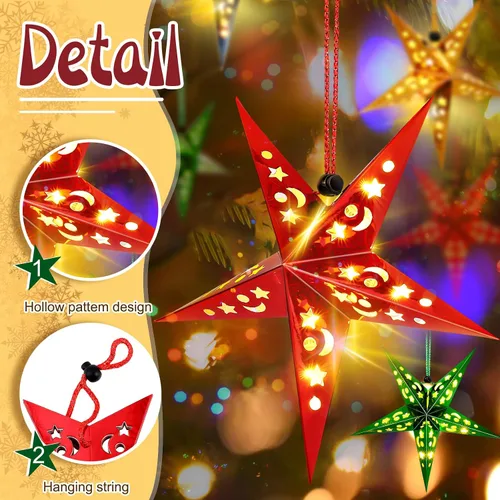 Vista 4 de Hortsun Juego de 20 faroles de papel de Navidad con forma de estrella, 2 tamaños, 17.7 y 11.8 pulgadas, adornos colgantes de Navidad, pantalla 3D