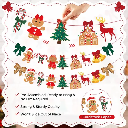 Vista 3 de 3 unidades de pancarta de Navidad con lazo vintage, lazos verdes y rojos, árbol de Navidad, árbol de Navidad, hombre de jengibre, guirnalda