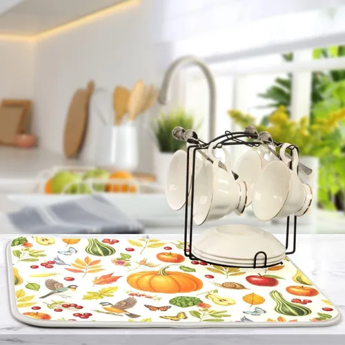 Vista 5 de Tapete de secado de platos de calabaza de otoño con girasol para encimera de cocina, absorbente, almohadilla de microfibra para secar platos