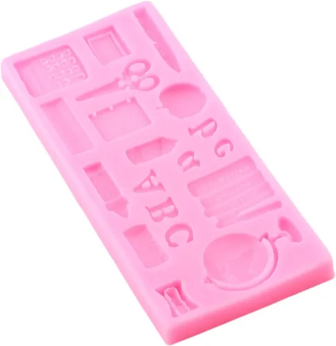 Vista 9 de Mujiang Moldes de silicona para el regreso a clases, bolsa escolar, libro de tijeras, paleta de dibujo, moldes para fondant, para decoración