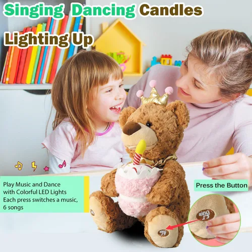 Vista 4 de Marsjoy Oso de peluche musical de feliz cumpleaños con magdalena brillante, juguete de peluche animado que canta, baila, habla, repite lo que dices