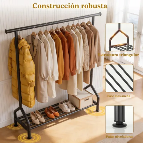 Vista 4 de EAGMAK Percheros resistentes con estante, perchero de metal con patas niveladoras para colgar ropa, perchero independiente para dormitorio, Negro