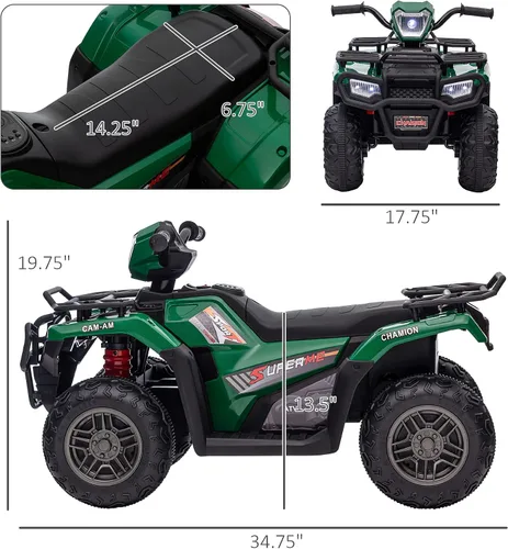 Vista 7 de Aosom Quad ATV eléctrico de 12 V para niños, vehículo de 4 ruedas, 4 km/h, con faro, música, MP3, neumáticos con tracción, batería, para niños de 3