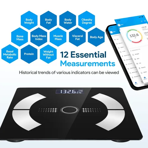 Vista 2 de Báscula de grasa corporal, báscula de peso inteligente, báscula digital de baño con funcionalidad Bluetooth, capaz de analizar grasa corporal, masa