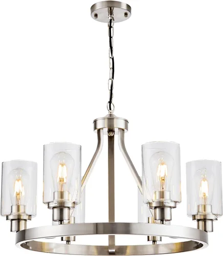 Vista 9 de lámpara de araña de granja de 6 luces con rueda de vagón, accesorios de luz colgante para comedor, sala de estar, isla de cocina, vestíbulo