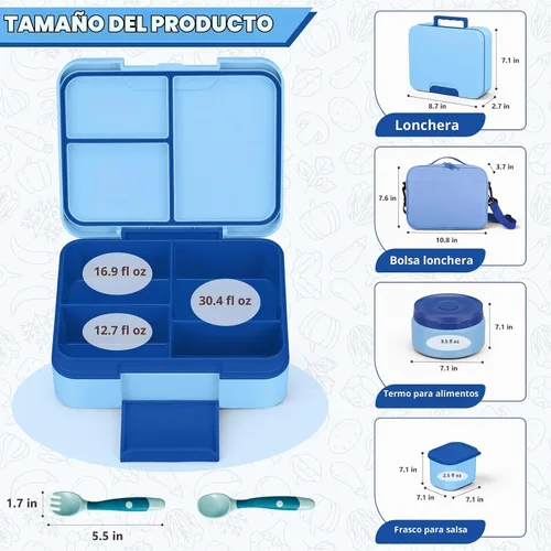 Vista 5 de WyfKyd Set de lonchera Bento con contenedor térmico de sopa para niños y Azul