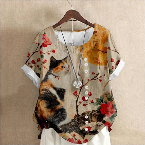 Vista 2 de domirica Flower Bird Printed Loose Boho Shirts Women Plus Size Summer Crew Neck Short Sleeve Blouses Treecat