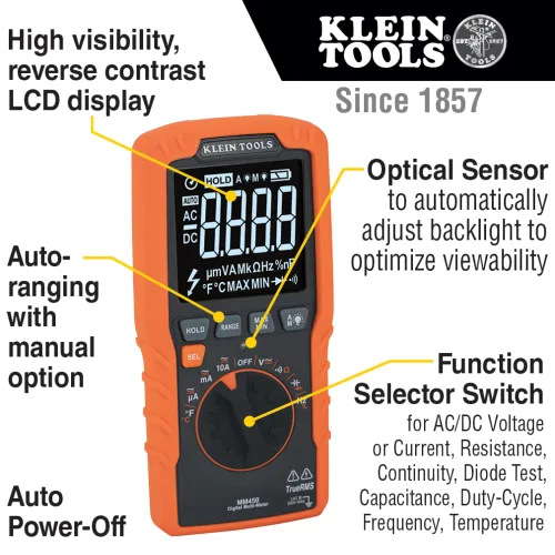 Vista 4 de Klein Tools Multímetro MM450, medidor digital delgado, TRMS de rango automático, voltaje AC/CC de 600V, corriente, resistencia, temperatura