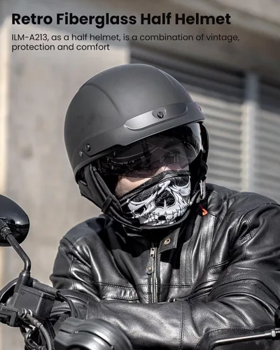 Vista 2 de ILM Medio casco de fibra de vidrio para motocicleta con visera para motocicleta, crucero, ciclomotor, scooter DOT modelo A213