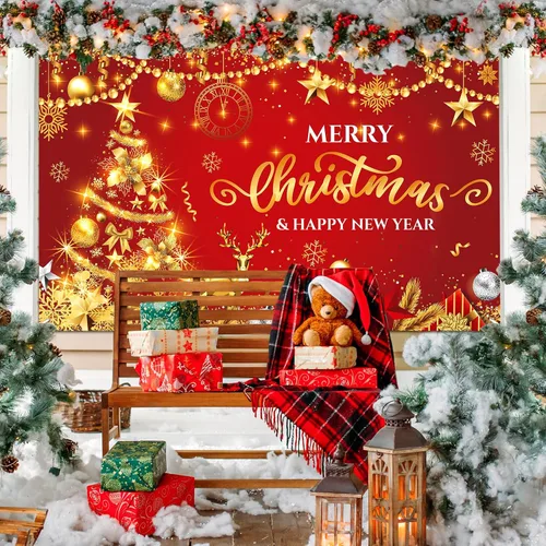 Vista 2 de Rumia Decoraciones de pancarta de Feliz Navidad y Año Nuevo, telón de fondo de fotos de Navidad, árbol de Navidad y telón de fondo de fiesta, diseño