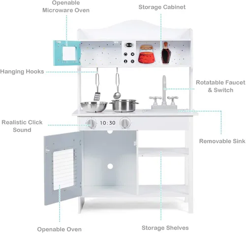 Vista 8 de Costzon Juego de cocina para niños, cocina de madera con fregadero, horno, microondas, estufa, ollas, utensilios, juego de cocina con estante