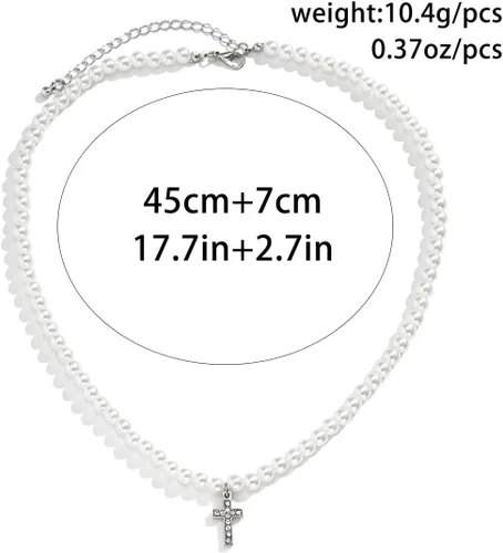Vista 6 de Collar de perlas para hombre, collar de cadena cubana de varias capas, collar de perlas artificiales para mujeres y hombres, regalos