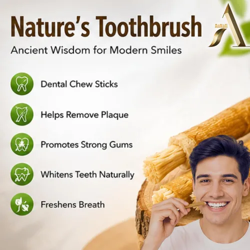 Vista 2 de AnNafi® Siwak Miswak Stick Meswak Arak Peelu - Palo de masticar con sabor natural, cepillo orgánico sellado al vacío, cepillo de dientes de hierbas