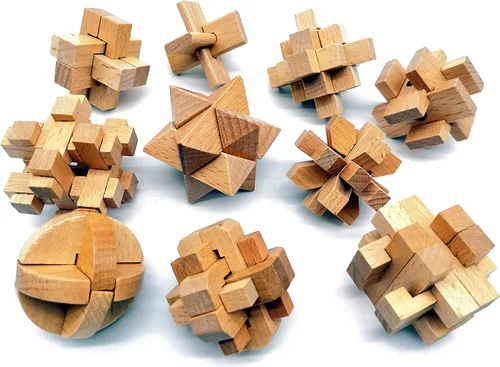 Vista 2 de Guaishou Rompecabezas de madera pequeños 10 en uno 3D Kongming Lock IQ Test Toy para adolescentes y adultos