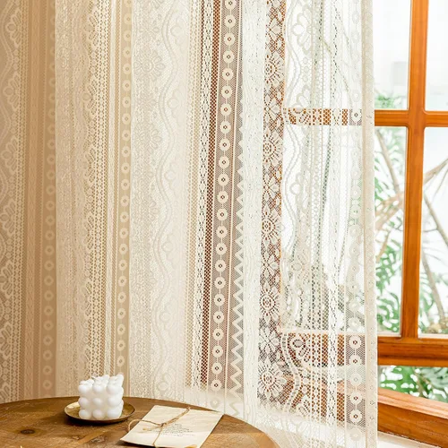 Vista 5 de MYSKY HOME Cortinas de encaje beige para puerta francesa de 40 pulgadas de largo, 2 paneles de cortinas florales bohemias transparentes para puerta