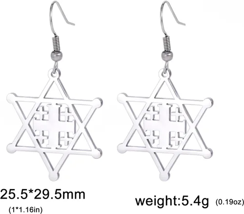 Vista 3 de Pendientes colgantes religiosos de acero inoxidable con cruz de Jerusalén y estrella de David